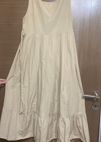 Bej Keten Uzun Düğmeli Elbise - Görsel 5