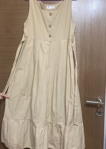 Bej Keten Uzun Düğmeli Elbise - Görsel 4