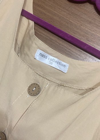 Bej Keten Uzun Düğmeli Elbise - Görsel 3