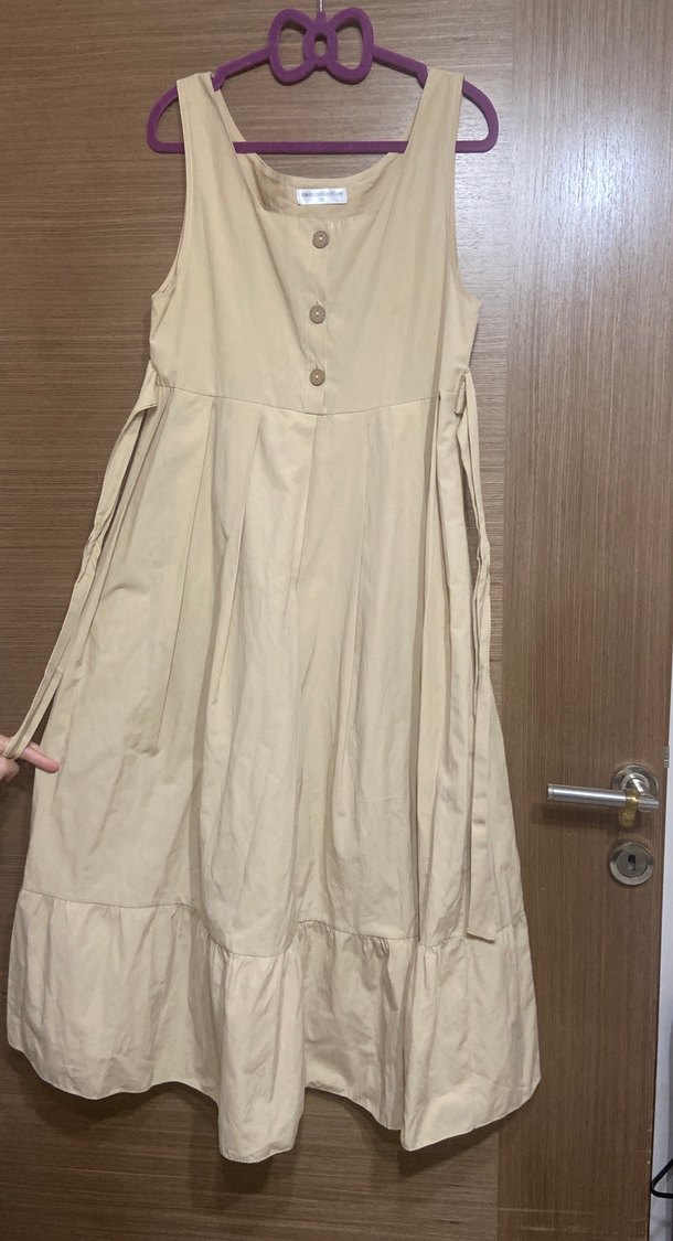 Bej Keten Uzun Düğmeli Elbise - Görsel 4