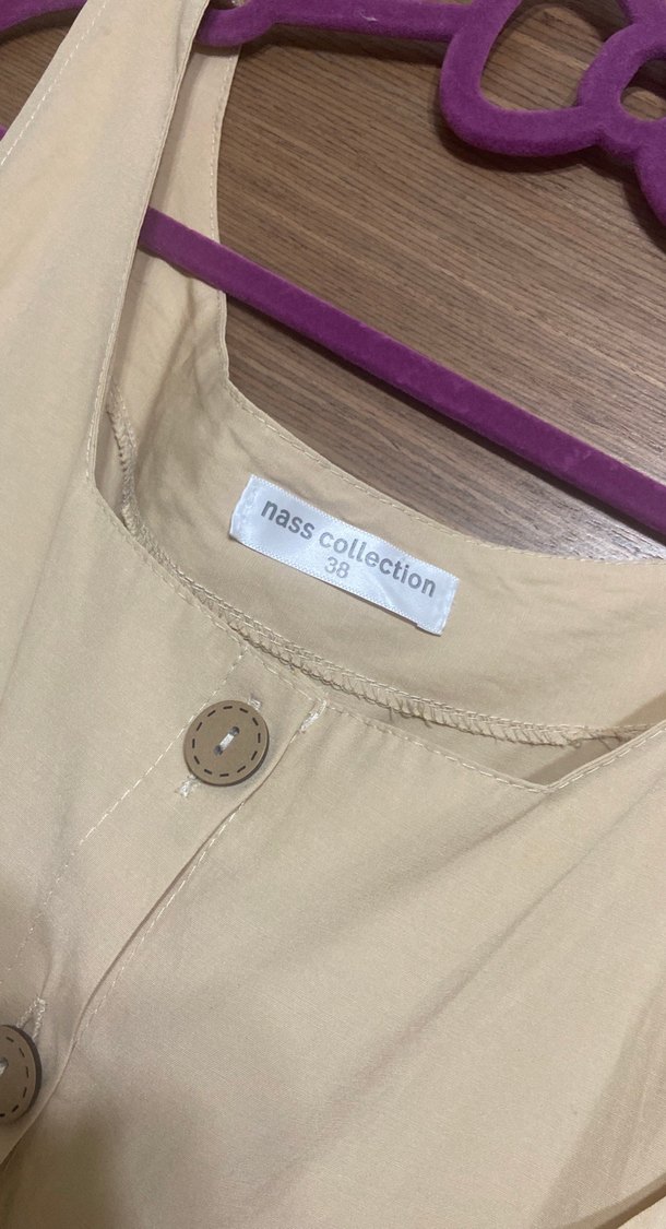 Bej Keten Uzun Düğmeli Elbise - Görsel 3