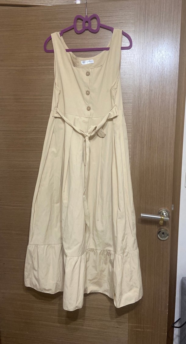 Bej Keten Uzun Düğmeli Elbise - Görsel 2