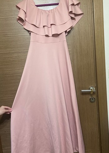 Pudra Pembe Uzun Volanlı Straplez Elbise - Görsel 2