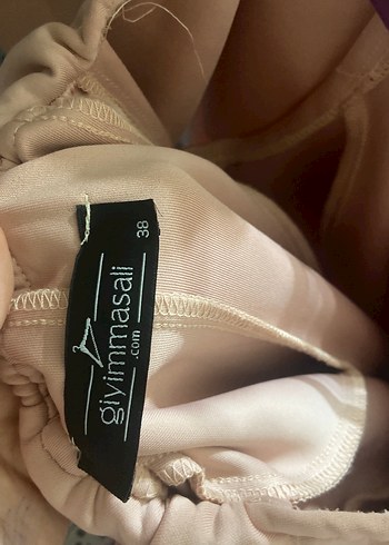 Pudra Pembe Uzun Volanlı Straplez Elbise - Görsel 6