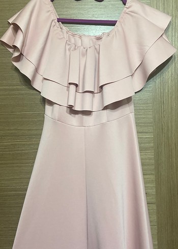 Pudra Pembe Uzun Volanlı Straplez Elbise - Görsel 4