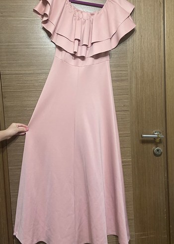 Pudra Pembe Uzun Volanlı Straplez Elbise - Görsel 5