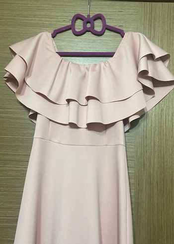 Pudra Pembe Uzun Volanlı Straplez Elbise - Görsel 3