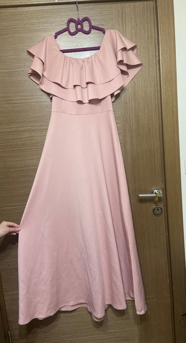 Pudra Pembe Uzun Volanlı Straplez Elbise - Görsel 2