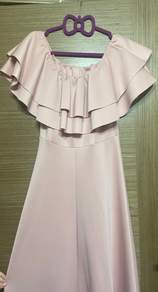 Pudra Pembe Uzun Volanlı Straplez Elbise - Görsel 4