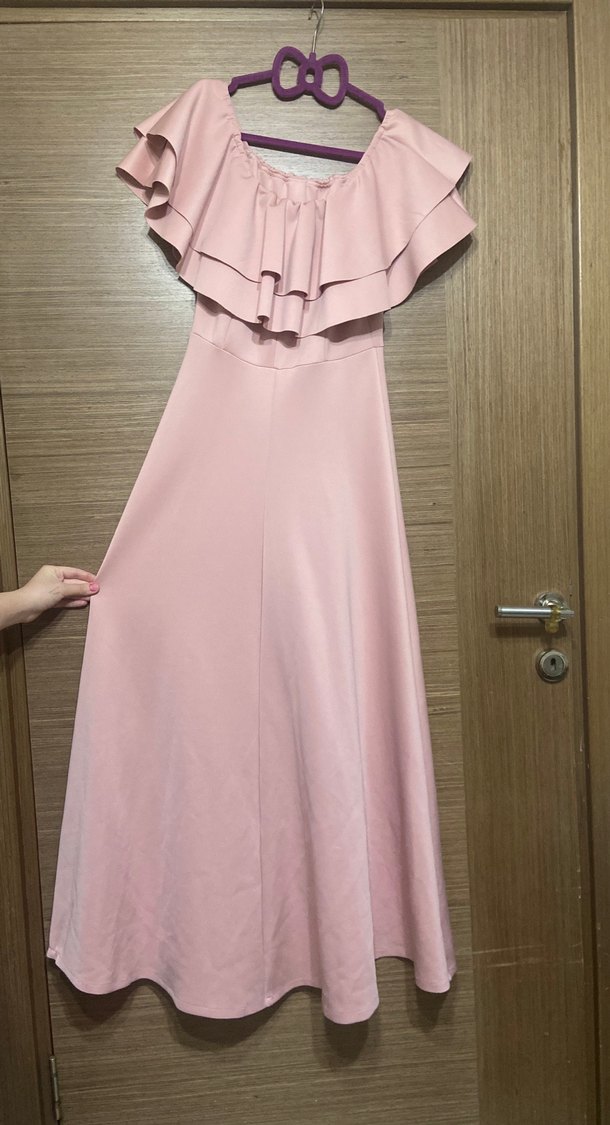 Pudra Pembe Uzun Volanlı Straplez Elbise - Görsel 5