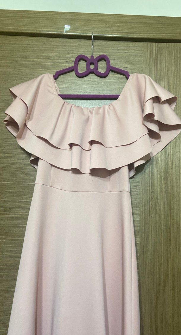 Pudra Pembe Uzun Volanlı Straplez Elbise - Görsel 3