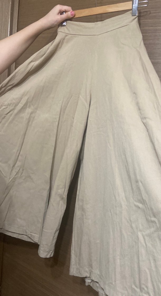 Bej ve siyah Kadın Keten Salaş Uzun Pantolon - Görsel 3