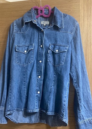 Düğmeli Mavi Denim Kadın Gömlek - Görsel 2