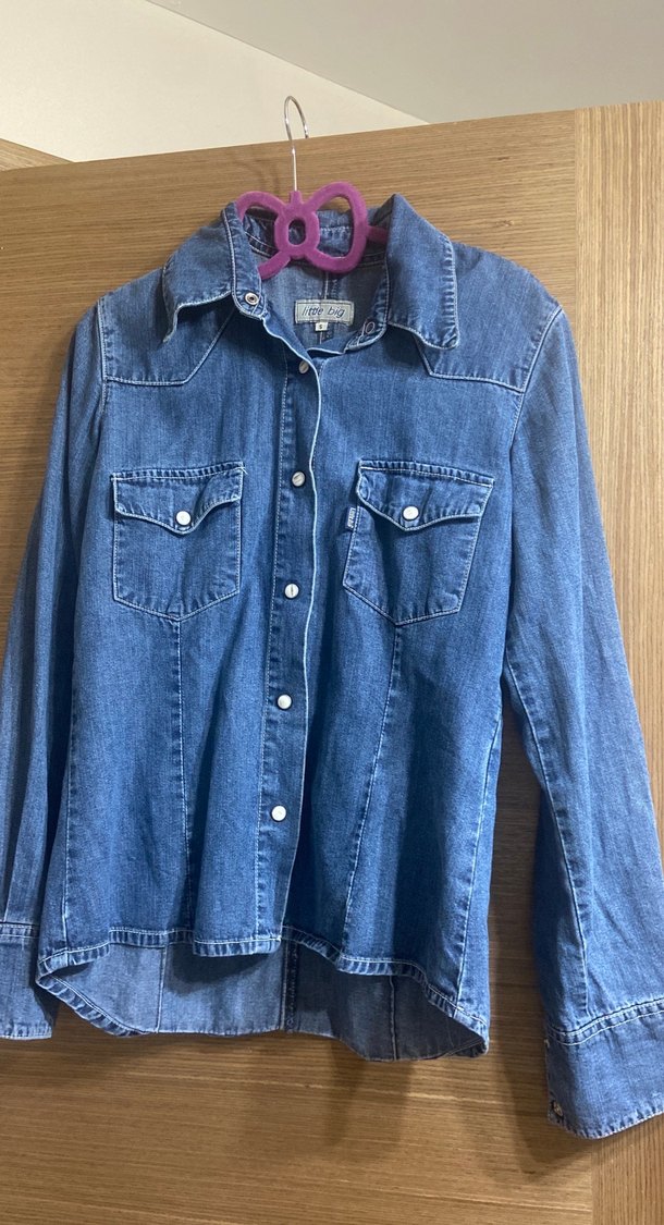 Düğmeli Mavi Denim Kadın Gömlek - Görsel 2