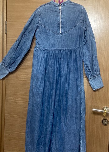 Mavi Uzun Kot Elbise V Yaka Pileli - Görsel 4