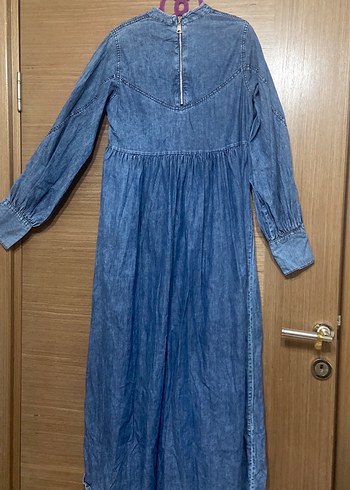 Mavi Uzun Kot Elbise V Yaka Pileli - Görsel 5