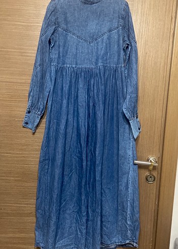 Mavi Uzun Kot Elbise V Yaka Pileli - Görsel 3