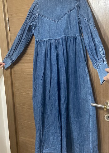 Mavi Uzun Kot Elbise V Yaka Pileli - Görsel 2