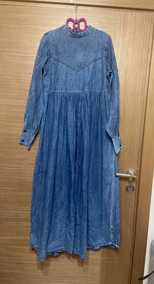 Mavi Uzun Kot Elbise V Yaka Pileli - Görsel 3