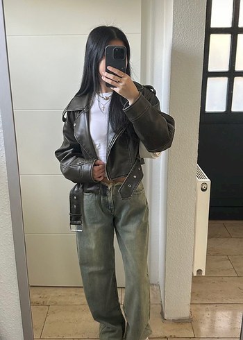 Kadın Gri Deri Biker Ceket - Görsel 3