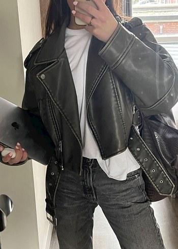 Kadın Gri Deri Biker Ceket - Görsel 2