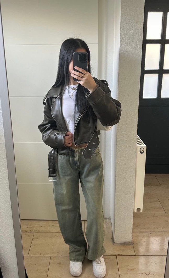 Kadın Gri Deri Biker Ceket - Görsel 3