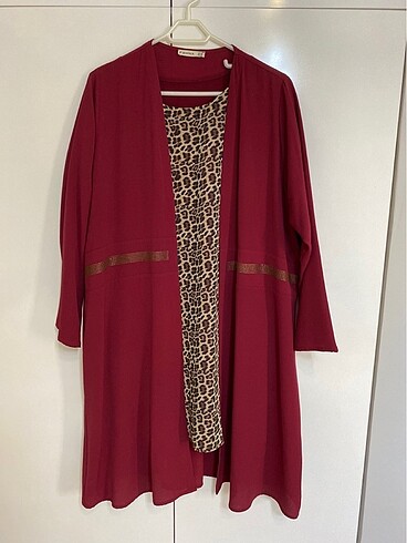 Femina şifon leopar bluz bordo ceket takım