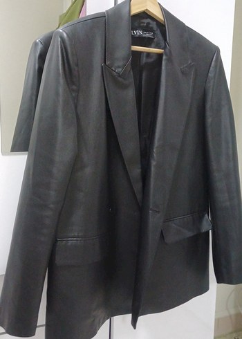 Kadın Siyah Deri Ceket, Düğmeli, Normal Boy - Görsel 3