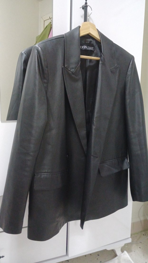 Kadın Siyah Deri Ceket, Düğmeli, Normal Boy - Görsel 3