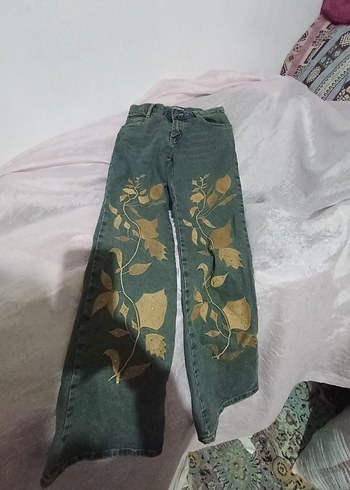 diğer Beden Yeşil Baskılı Bohem Kadın Kot Pantolon