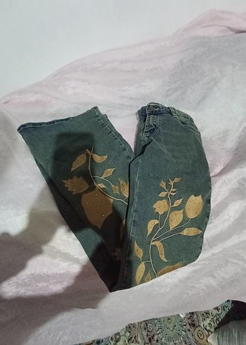 Yeşil Baskılı Bohem Kadın Kot Pantolon