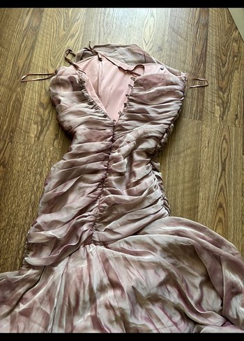 toz pembe Drapeli Uzun Abiye Elbise - Görsel 2