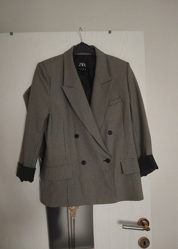 zara Kadın Gri Düğmeli Ekose Blazer Ceket