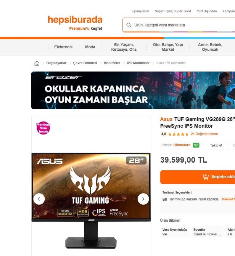 Asus VG289Q TUF Gaming 4K Monitör 28 inç - Görsel 2