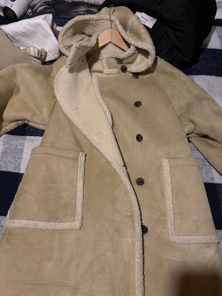 Bej Kadın Süet Kürklü Midi Kaban - Görsel 2