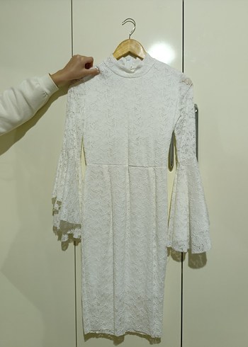 SÖZ ELBİSESİ Beyaz Dantelli Midi Uzun Kollu Elbise - Görsel 4