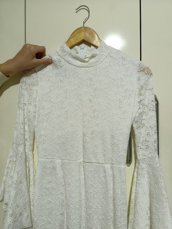 SÖZ ELBİSESİ Beyaz Dantelli Midi Uzun Kollu Elbise - Görsel 2