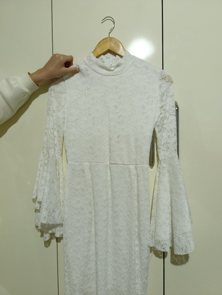 SÖZ ELBİSESİ Beyaz Dantelli Midi Uzun Kollu Elbise - Görsel 3