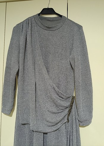 Gri Uzun Kollu Drapeli Kadın Elbise - Görsel 3