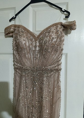 Boncuk İşlemeli V Yaka Uzun Bej Abiye Özel Tasarım - Görsel 11