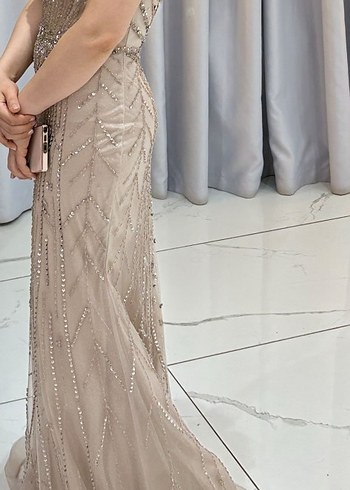 Boncuk İşlemeli V Yaka Uzun Bej Abiye Özel Tasarım - Görsel 2