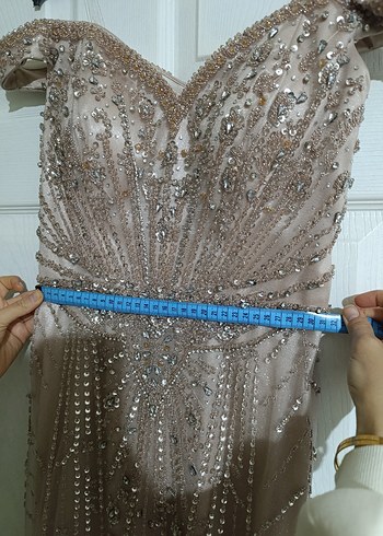 Boncuk İşlemeli V Yaka Uzun Bej Abiye Özel Tasarım - Görsel 8