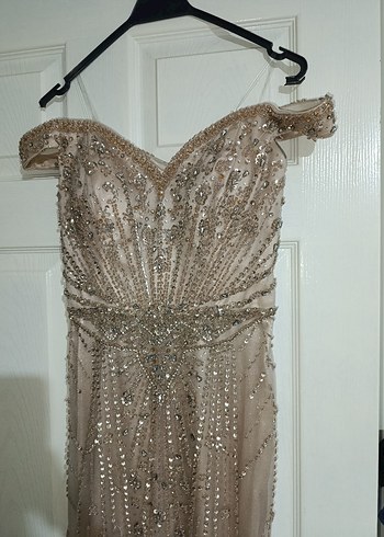 Boncuk İşlemeli V Yaka Uzun Bej Abiye Özel Tasarım - Görsel 4