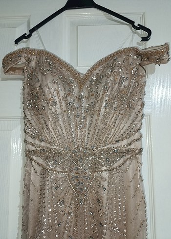 Boncuk İşlemeli V Yaka Uzun Bej Abiye Özel Tasarım - Görsel 5