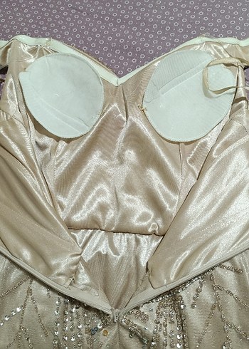 Boncuk İşlemeli V Yaka Uzun Bej Abiye Özel Tasarım - Görsel 9