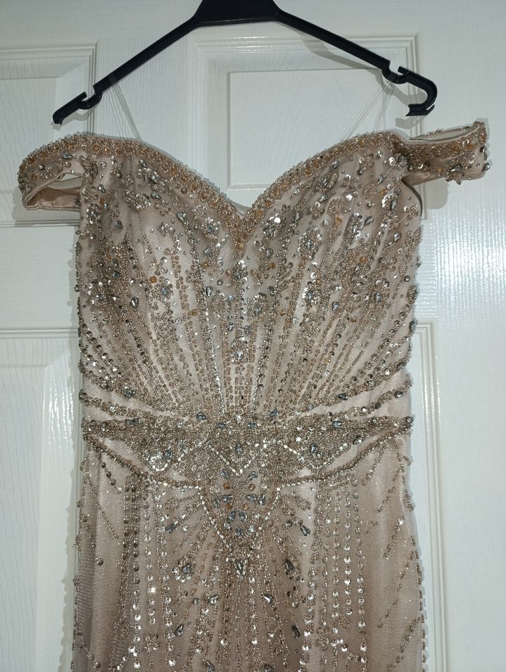 Boncuk İşlemeli V Yaka Uzun Bej Abiye Özel Tasarım - Görsel 5