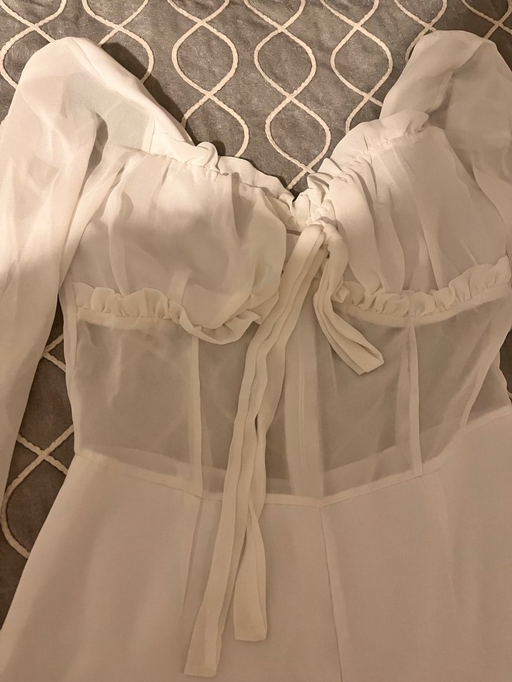 Beyaz Mini Keten Fırfırlı Uzun Kollu Tulum - Görsel 2