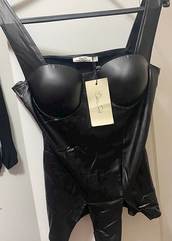 Siyah Deri Straplez Bustiyer Mini Elbise - Görsel 2