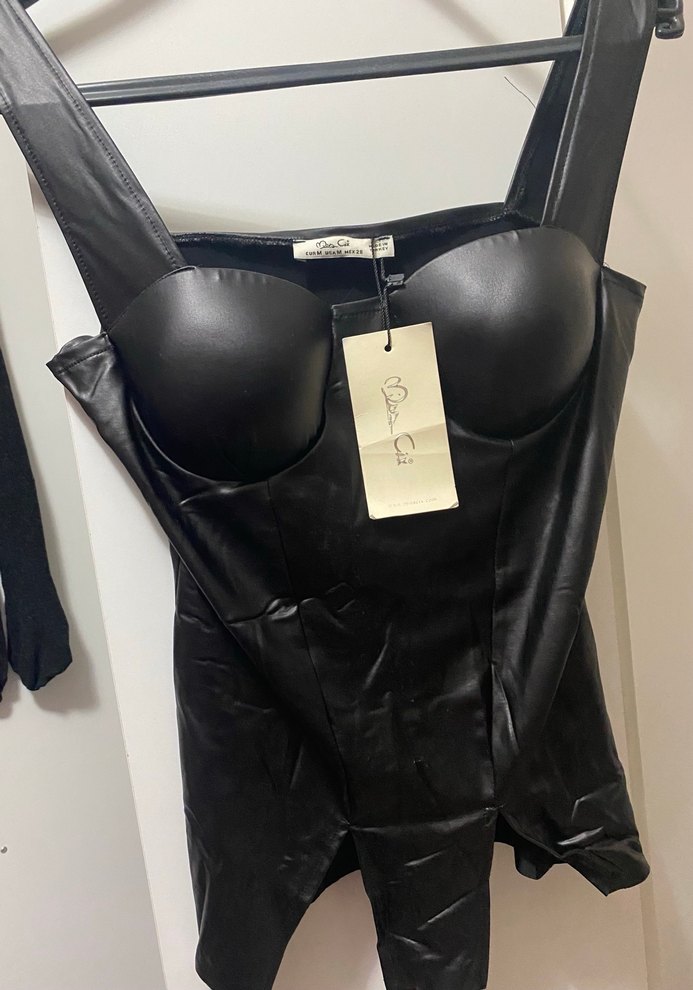 Siyah Deri Straplez Bustiyer Mini Elbise - Görsel 2