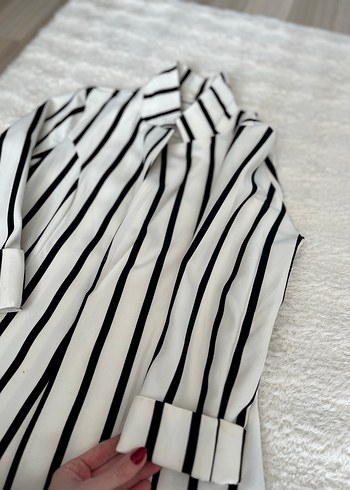 Çizgili Beyaz Uzun Hamile Ceketi - Görsel 3